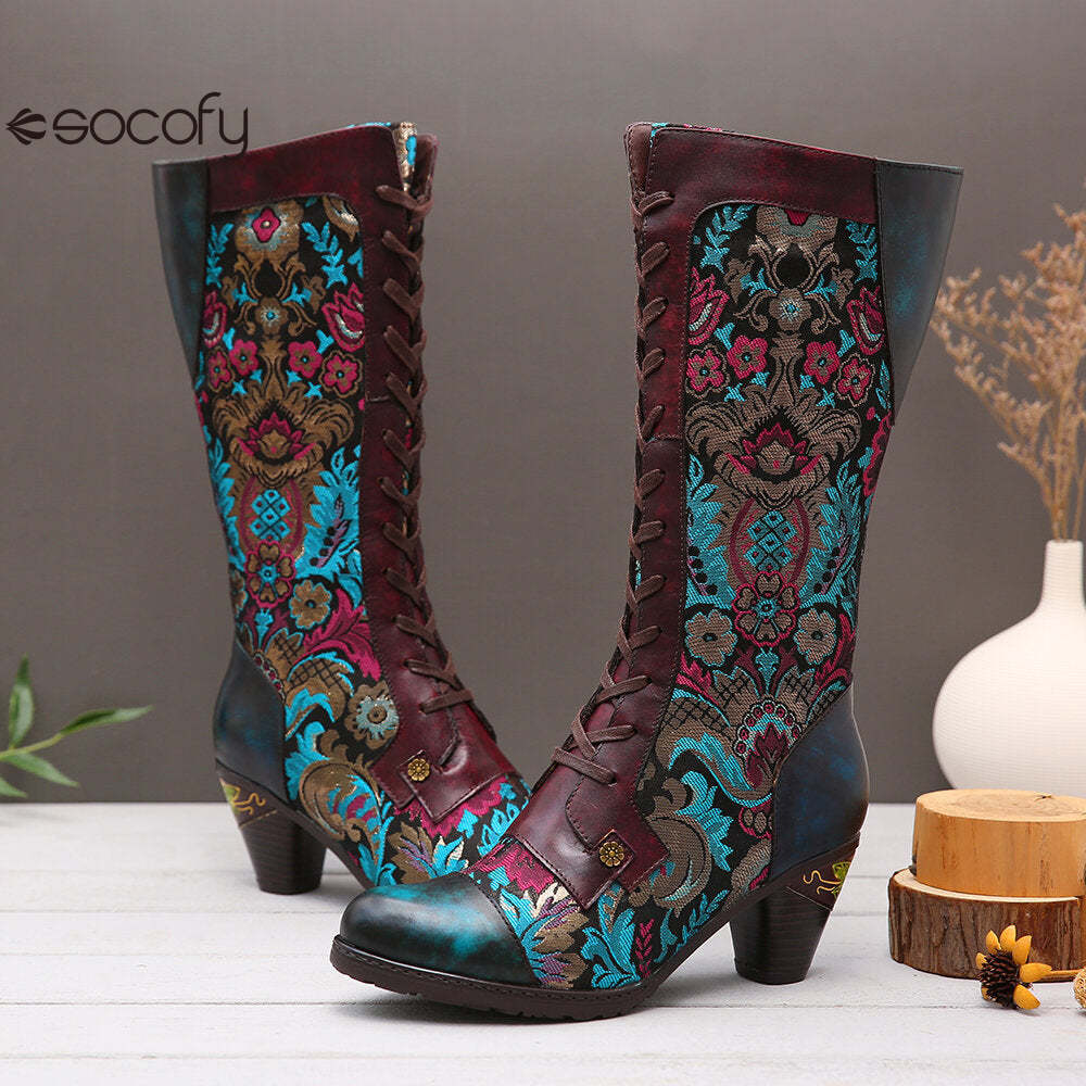 Socofy Autumn and winter women's high-heeled warm and wear-resistant high round toe boots for women