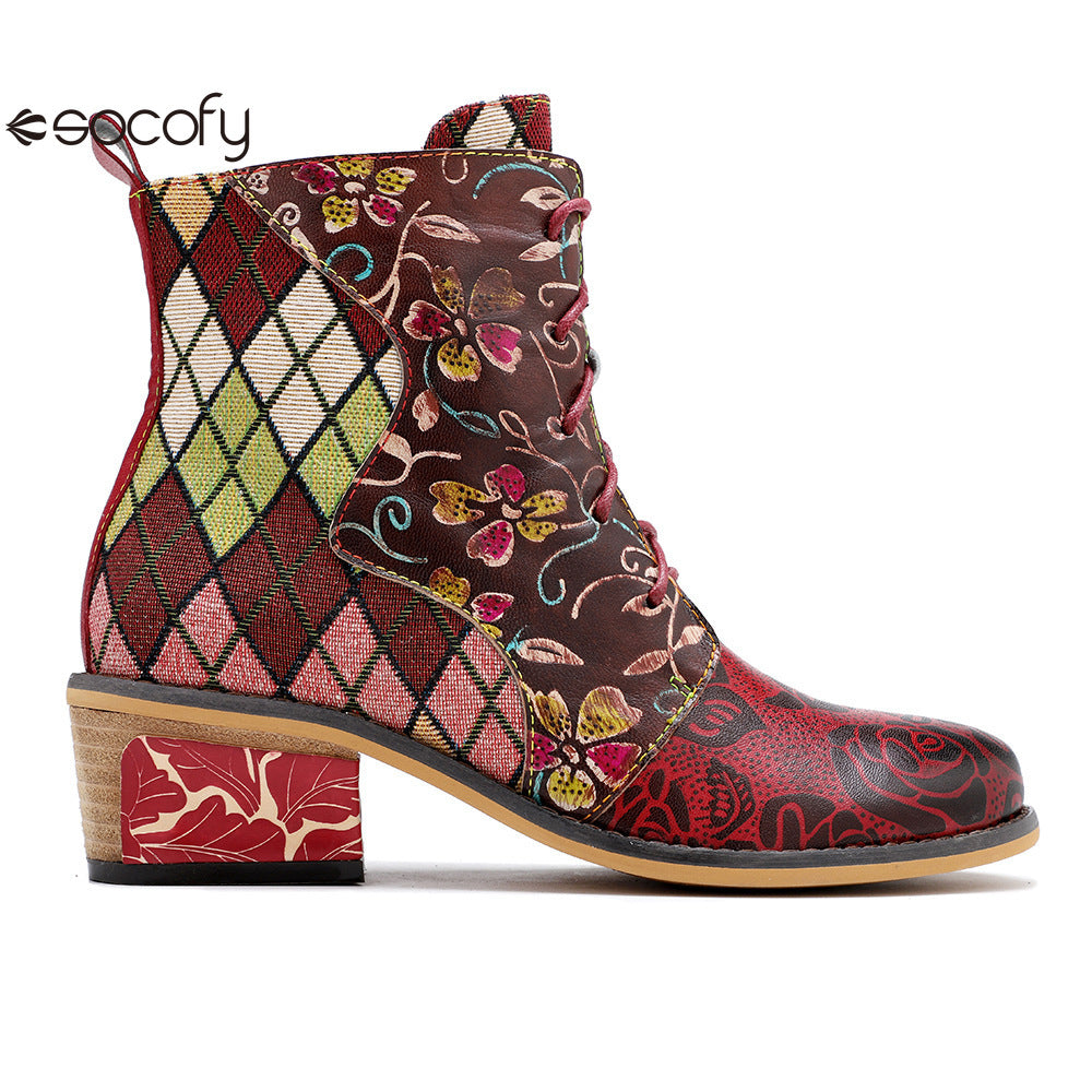 Socofy Vicconfy Genuine Leather Lace Up Cowboy Jacquard Colorblocking Ankle Boots