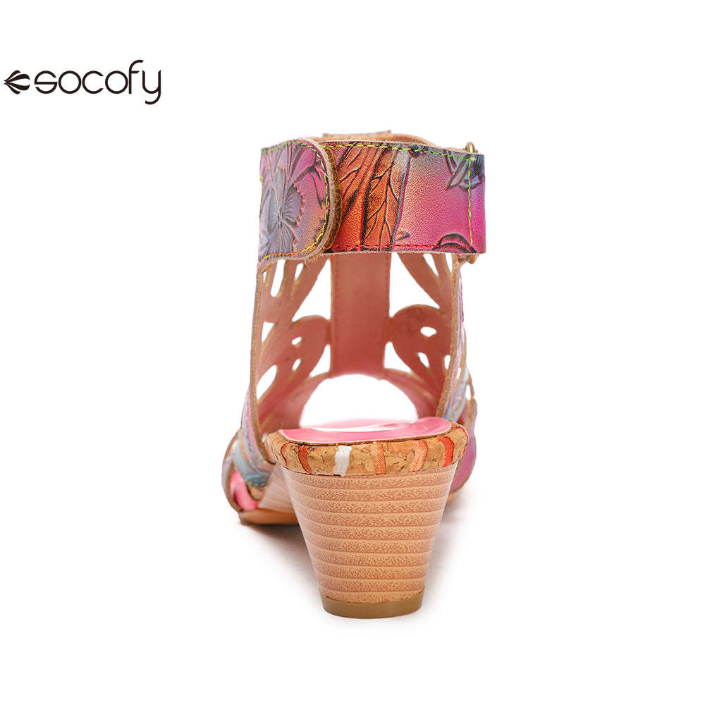 Socofy Summer ethnic style cowhide retro casual fish mouth women's sandals