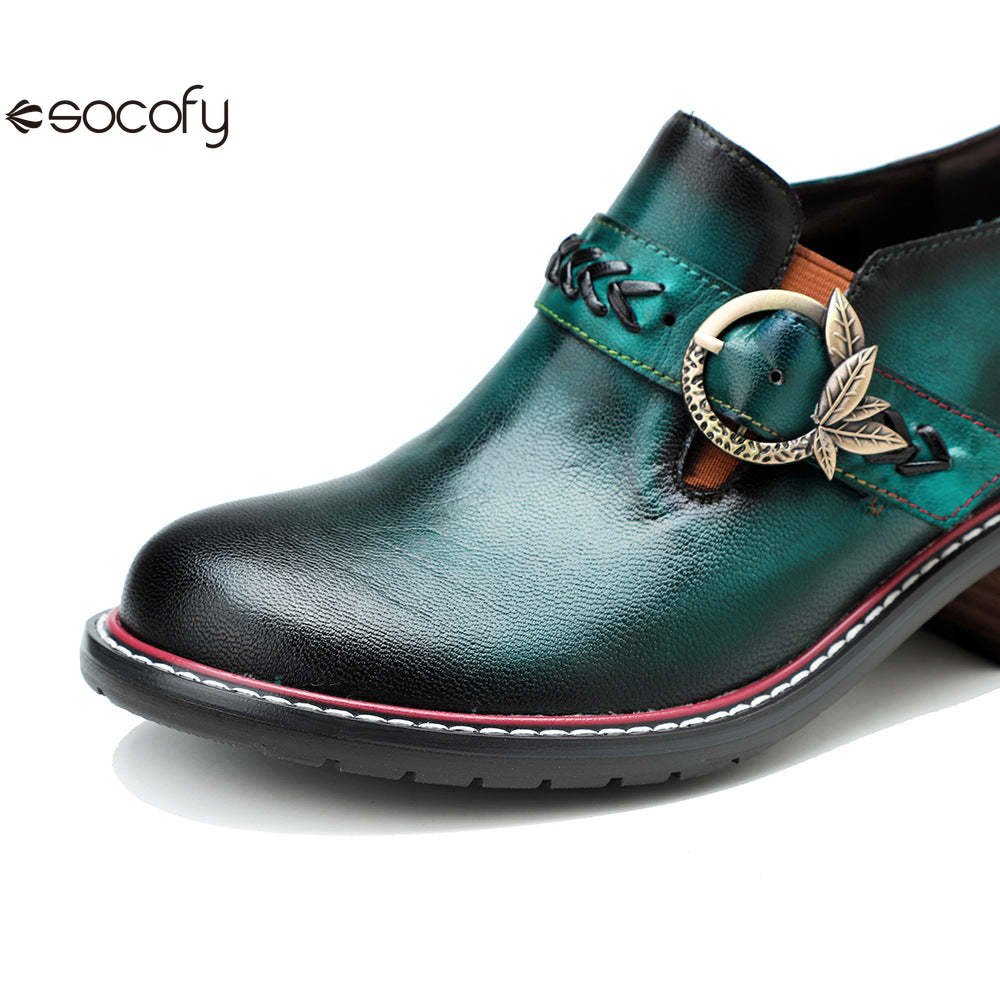 Socofy Genuine Leather Handmade Lace-Up hand-rubbed color Loafers