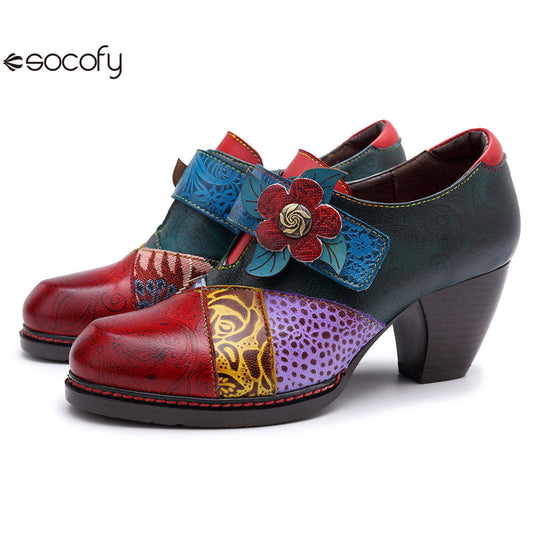 Socofy retro printing splicing ethnic style high heels women's shoes 1000