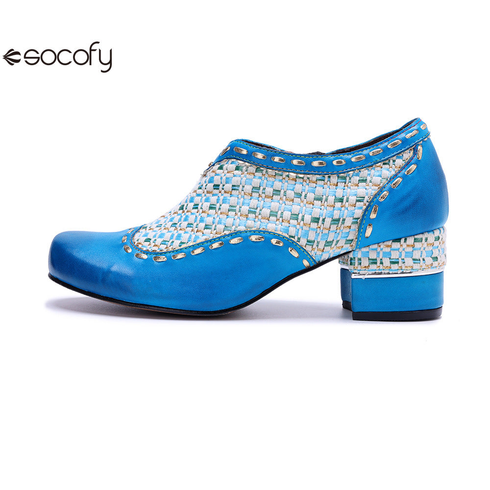 Socofy Genuine Leather Vintage Boho Woven Side Zipper Pumps