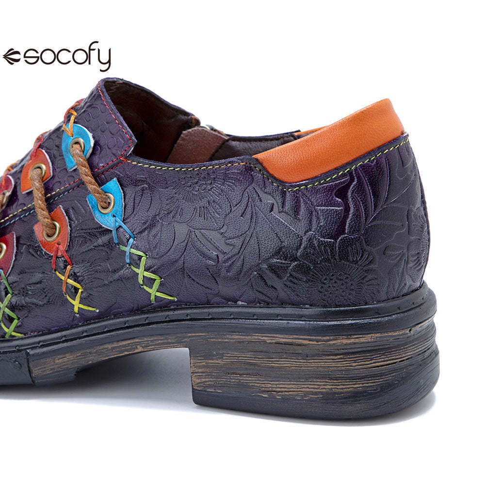 Socofy Genuine Leather Colourful Rope Deco Ethnic Printed Women's Flat Shoes