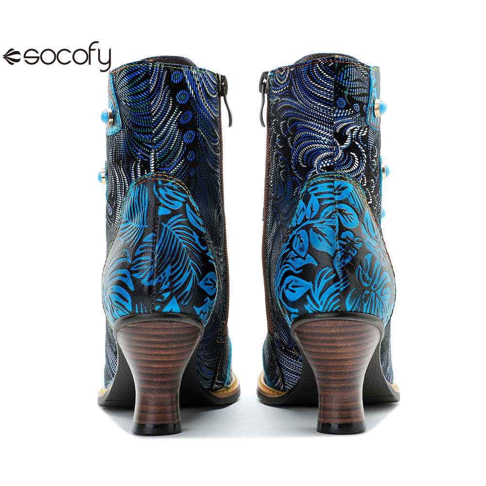 Socofy Autumn and Winter Printed Retro Lace-up Short Heel Women's Boots