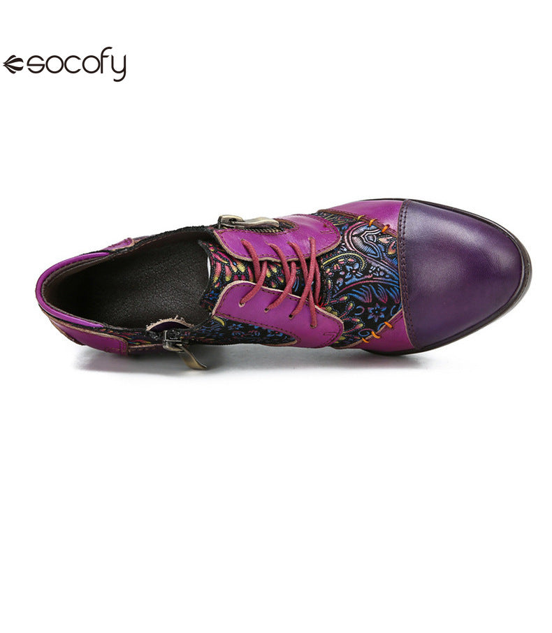 Socofy Vicconfy Genuine leather high heeled three-dimensional flowers drawstring pumps