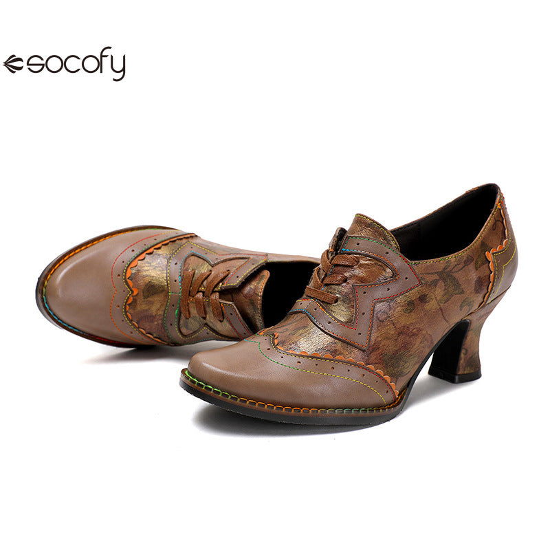 Socofy Vicconfy Genuine Leather Ethnic Brown High Heels