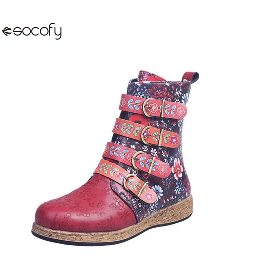 Socofy Women boots Leather Female Retro Printed Metal Buckle Soft Leather Zipper Ankle Boots 800