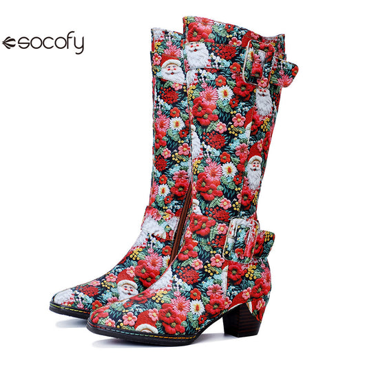 Chrismas Exclusive｜Socofy Vicconfy Vintage Print Casual Chunky Heel Comfort High Boots 1000