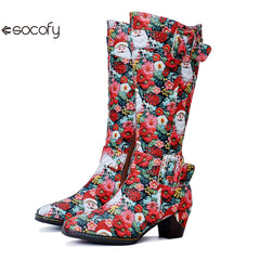 Chrismas Exclusive｜Socofy Vicconfy Vintage Print Casual Chunky Heel Comfort High Boots