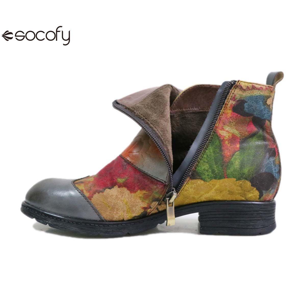 Socofy Low-top genuine leather brown round toe trendy women's fashion boots