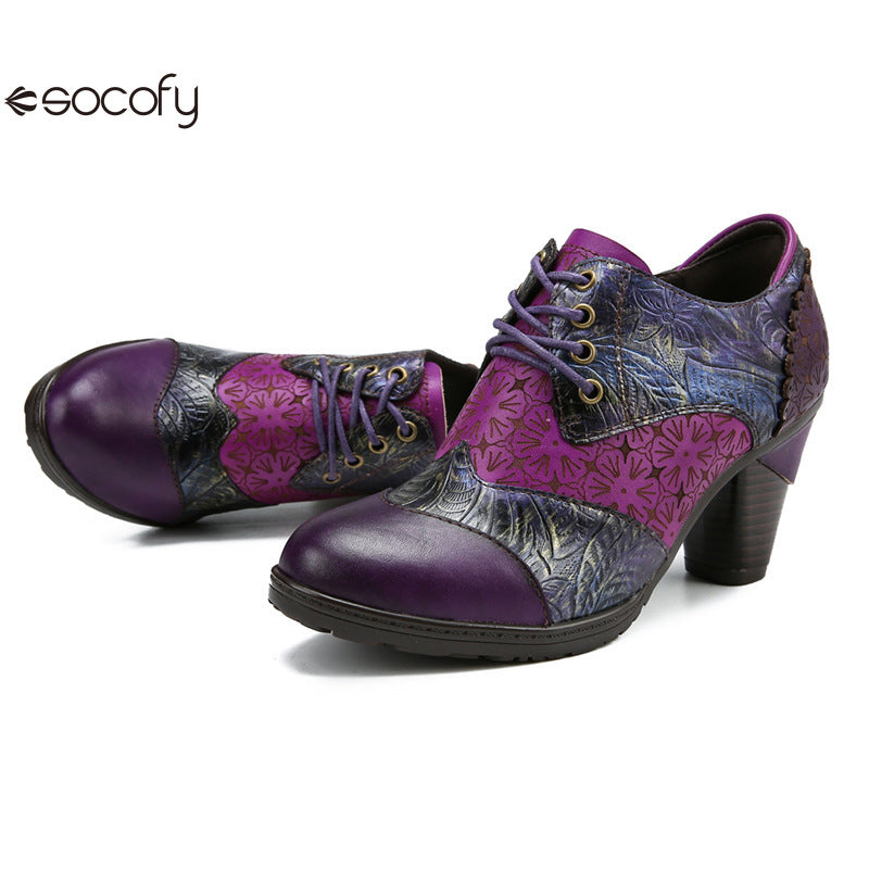 Socofy Genuine leather three-dimensional flower high heel pump