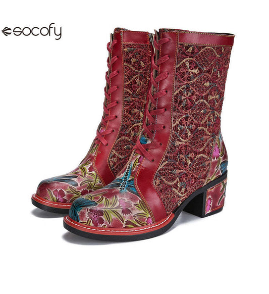 Socofy Vicconfy Leather Side Zipper Fashion VintageWomen's Boots 790