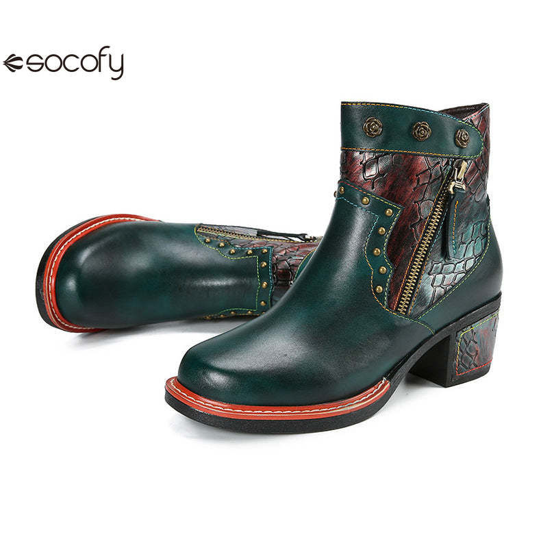 Socofy Vicconfy Women's Martin Boots Leather Patchwork Ethnic Vintage Short Boots