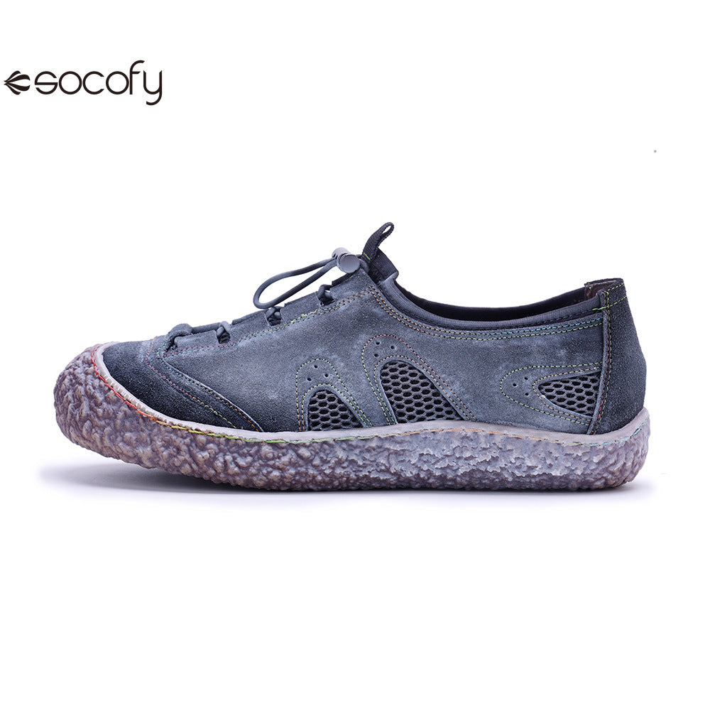 Socofy Vicconfy Genuine Leather Vintage Scuffed Comfort Breathable Mesh Loafers