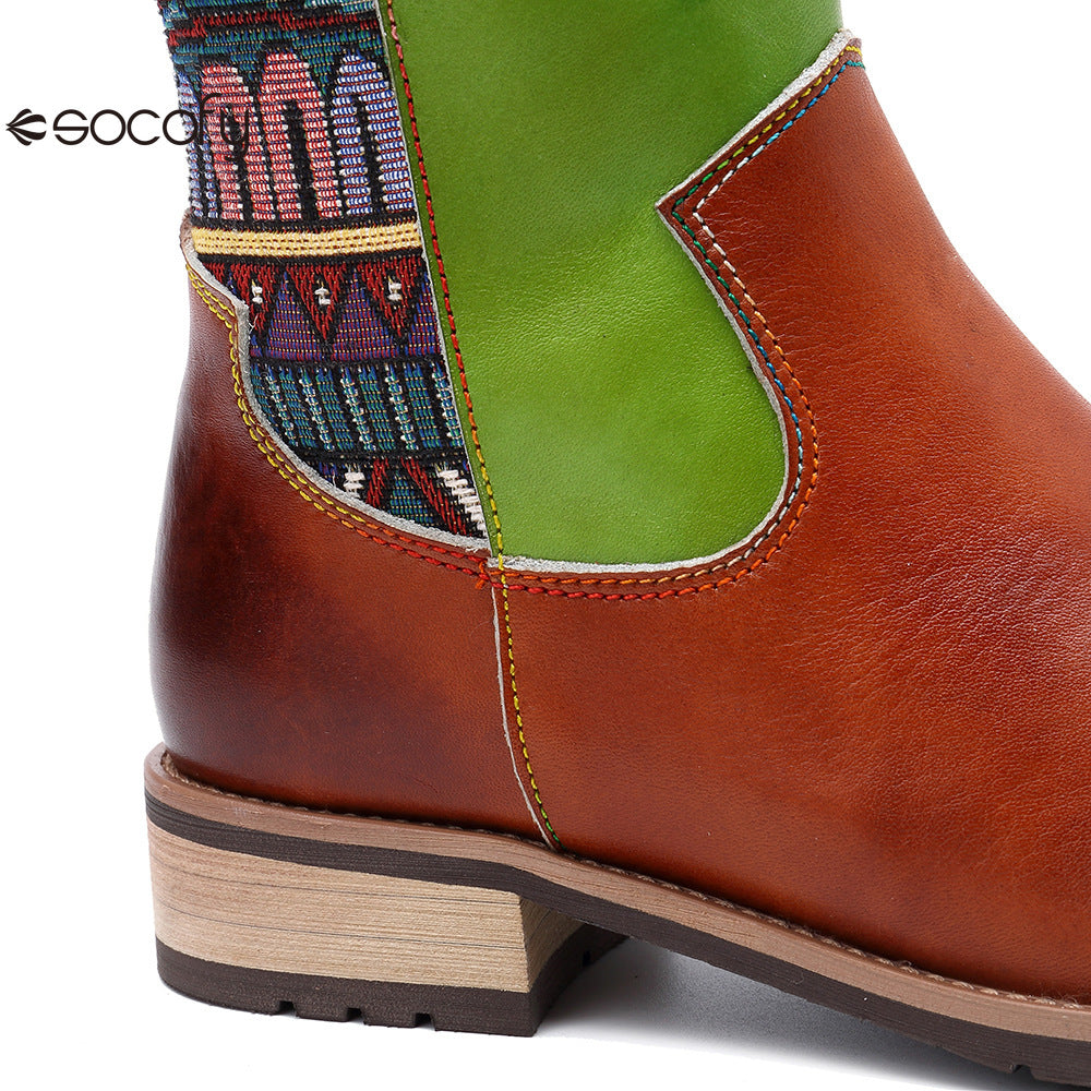 Socofy Vicconfy Genuine Leather Vintage Patchwork Long Warm Boots