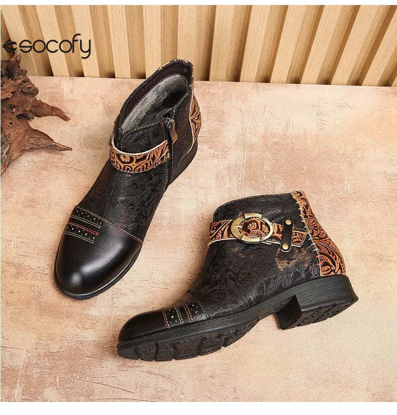 SOCOFY Genuine Leather Ethnic Style Round Toe Belt Buckle Handmade Embossing Short Boots