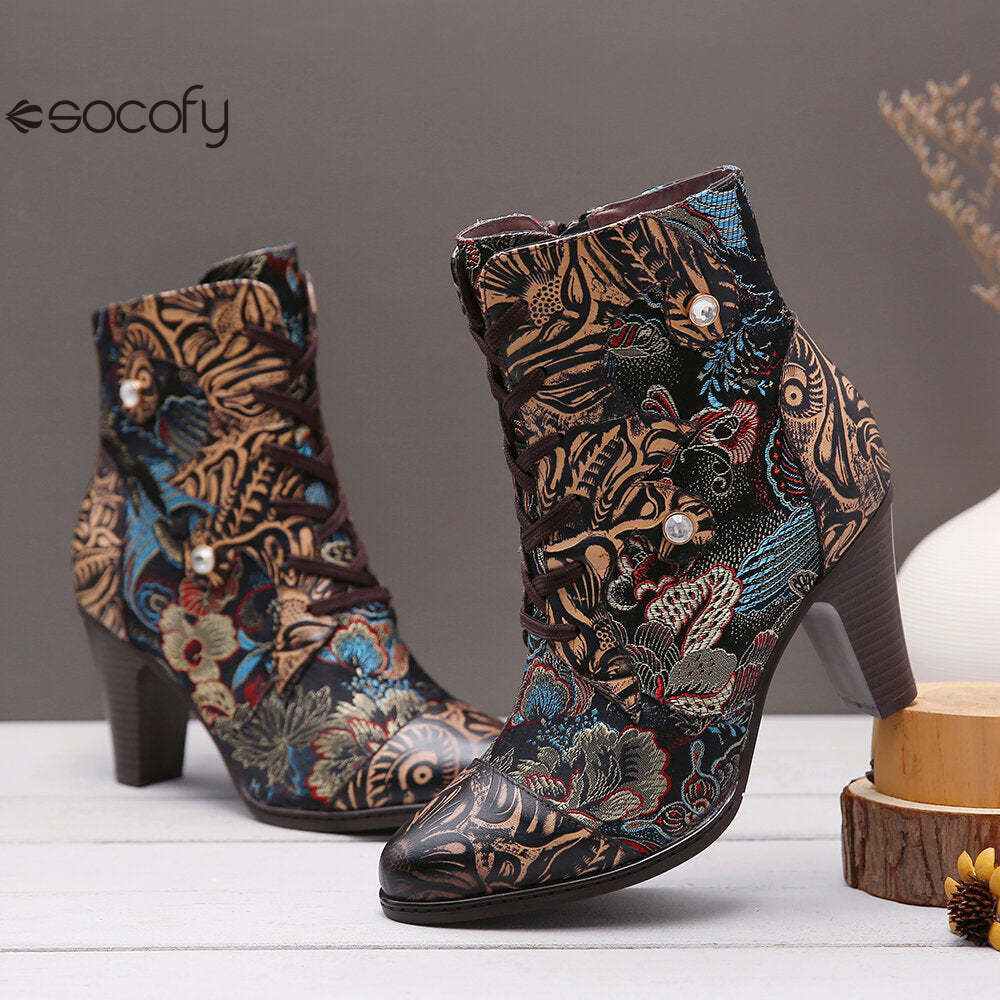 Socofy Vintage Pointed Embroidered Flowers Women's Fashion Boots