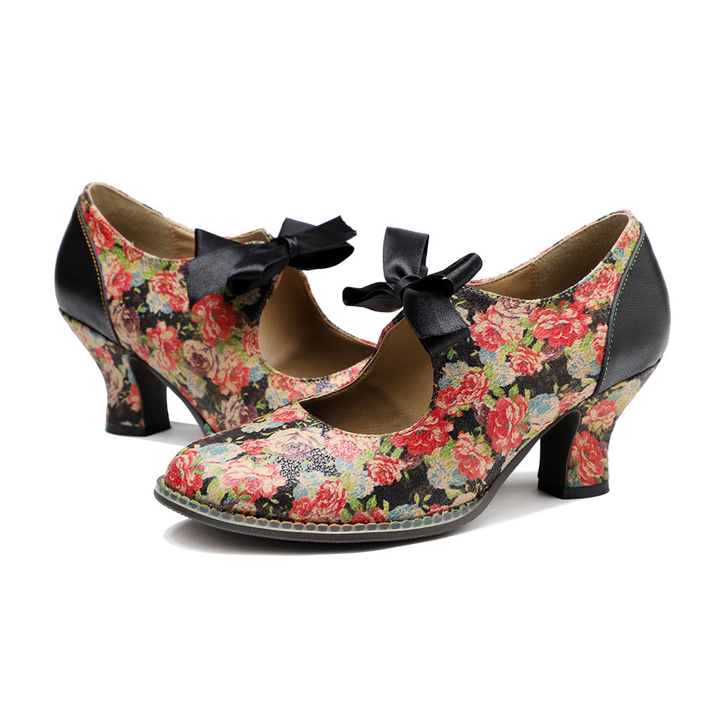 Socofy Vintage Rustic Broken Flower Strappy Bow High Heels