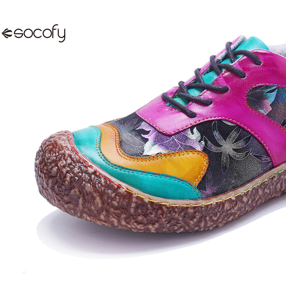 Socofy Vicconfy Genuine Leather Retro Lace Up Comfortable Casual Women's Shoes