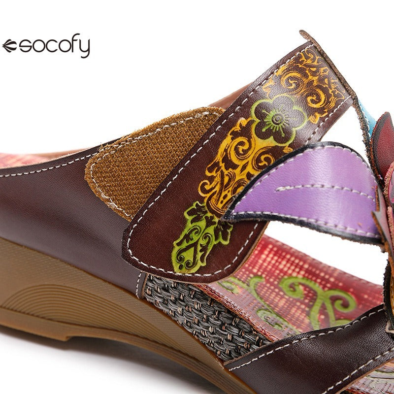 Socofy genuine genuine leather bohemian floral vintage sandals