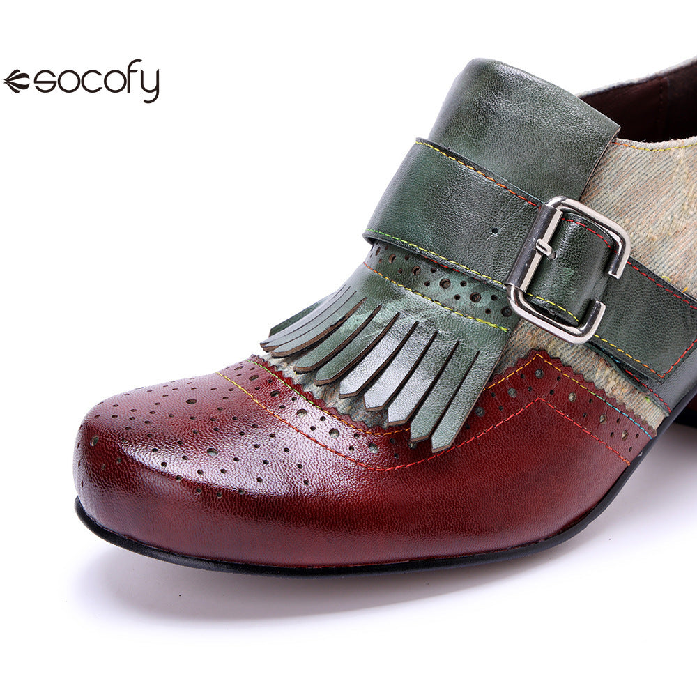 Socofy Genuine leather vintage brogue tassel side zipper Pupms