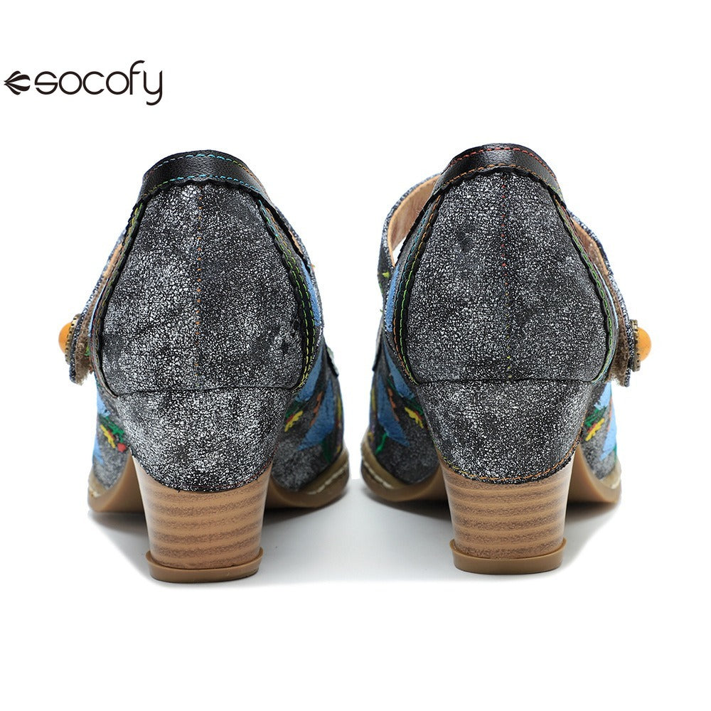 Socofy Spring and summer new retro embroidery Mary Jane thick heeled comfortable high heels