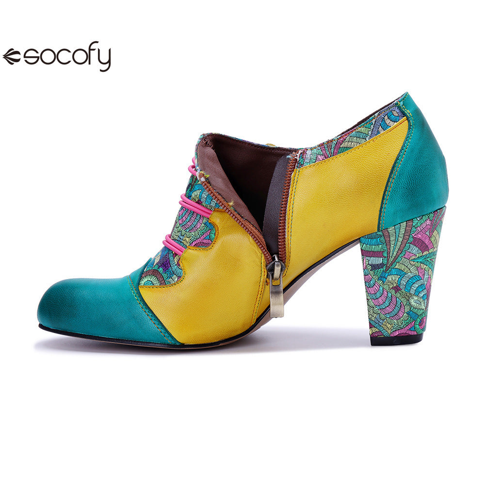 Socofy Leather Genuine Leather Vintage Floral Chunky Heeled Pumps