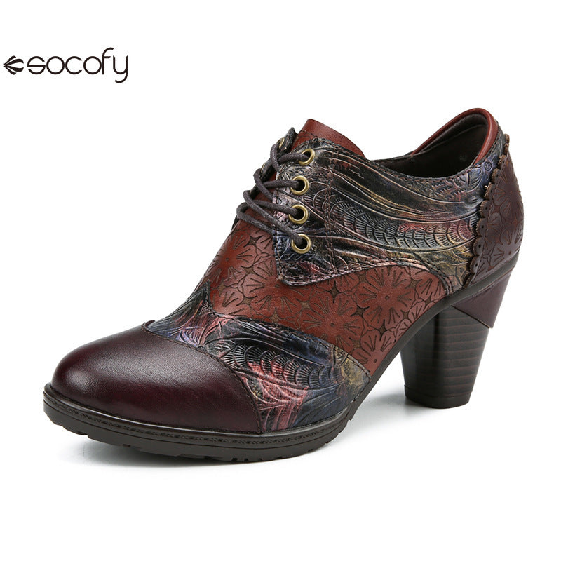 Socofy Genuine leather three-dimensional flower high heel pump