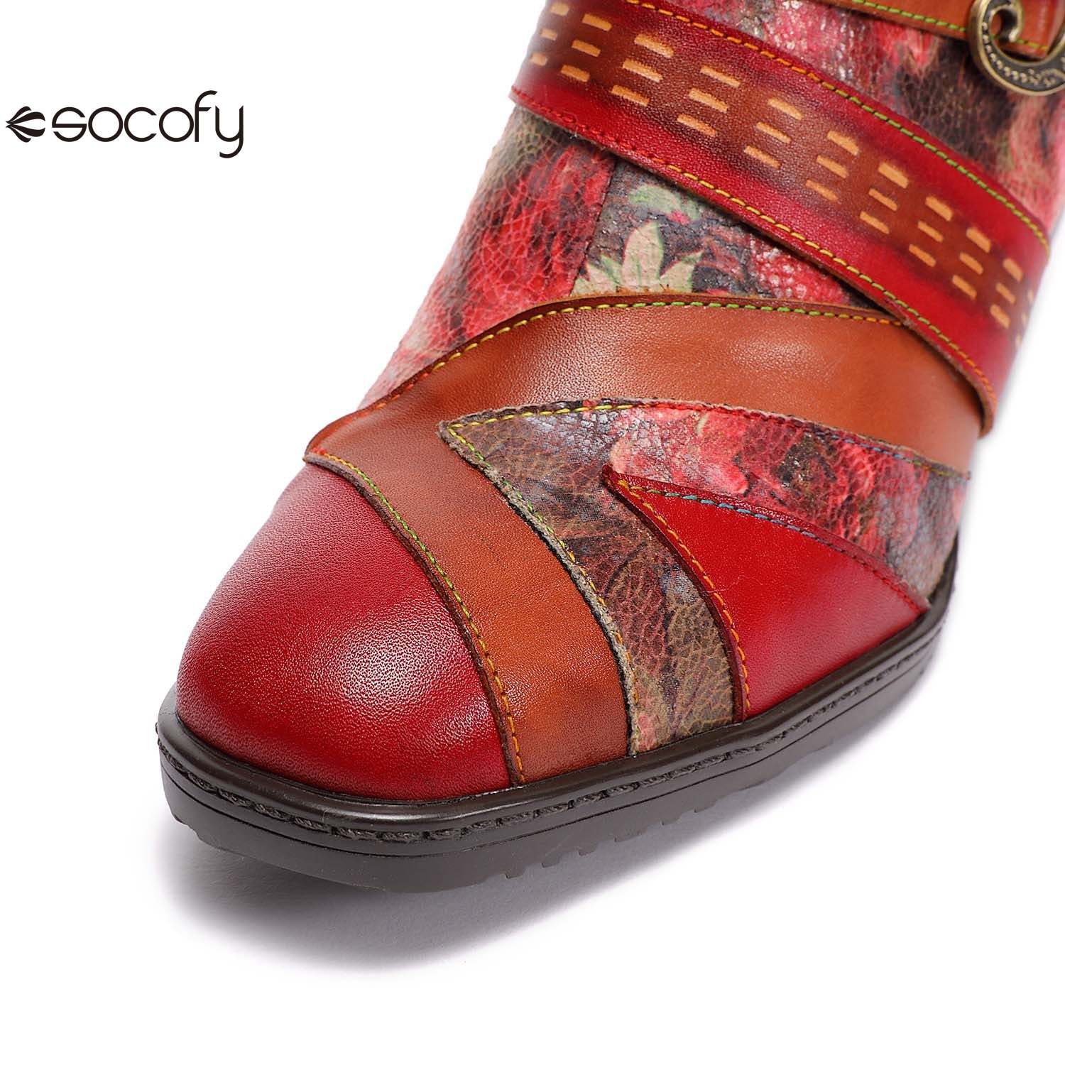 Socofy Retro leather stitching high ethnic style flower women's boots