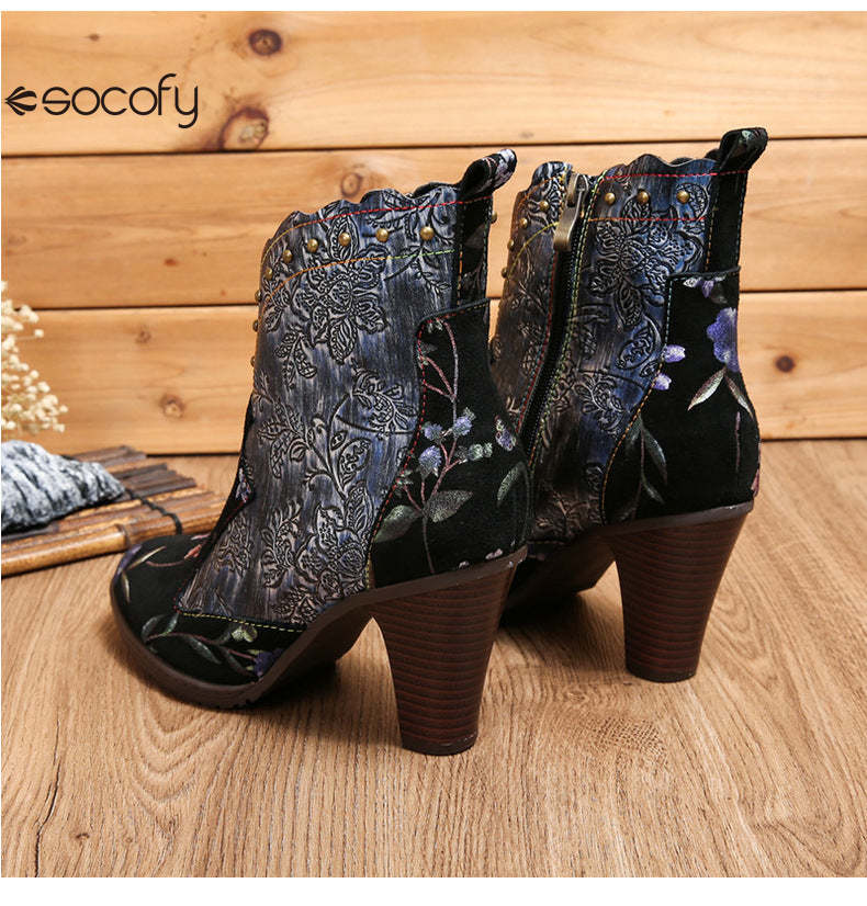 Socofy Vicconfy Vintage Genuine Leather Boots Floral Women's Boots