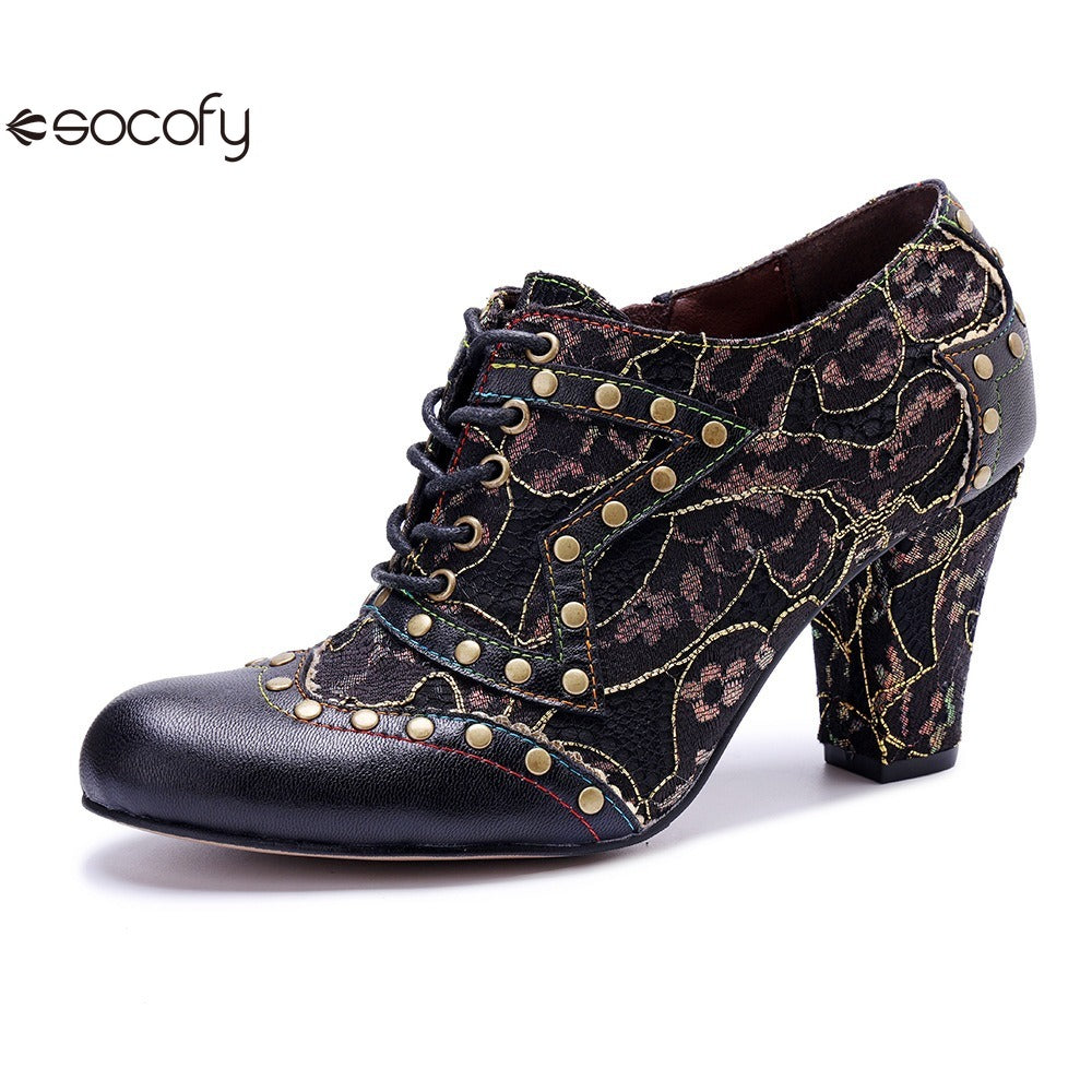 Socofy genuine leather Women's Leather Rivet Retro Fashion High Heeled Shoes