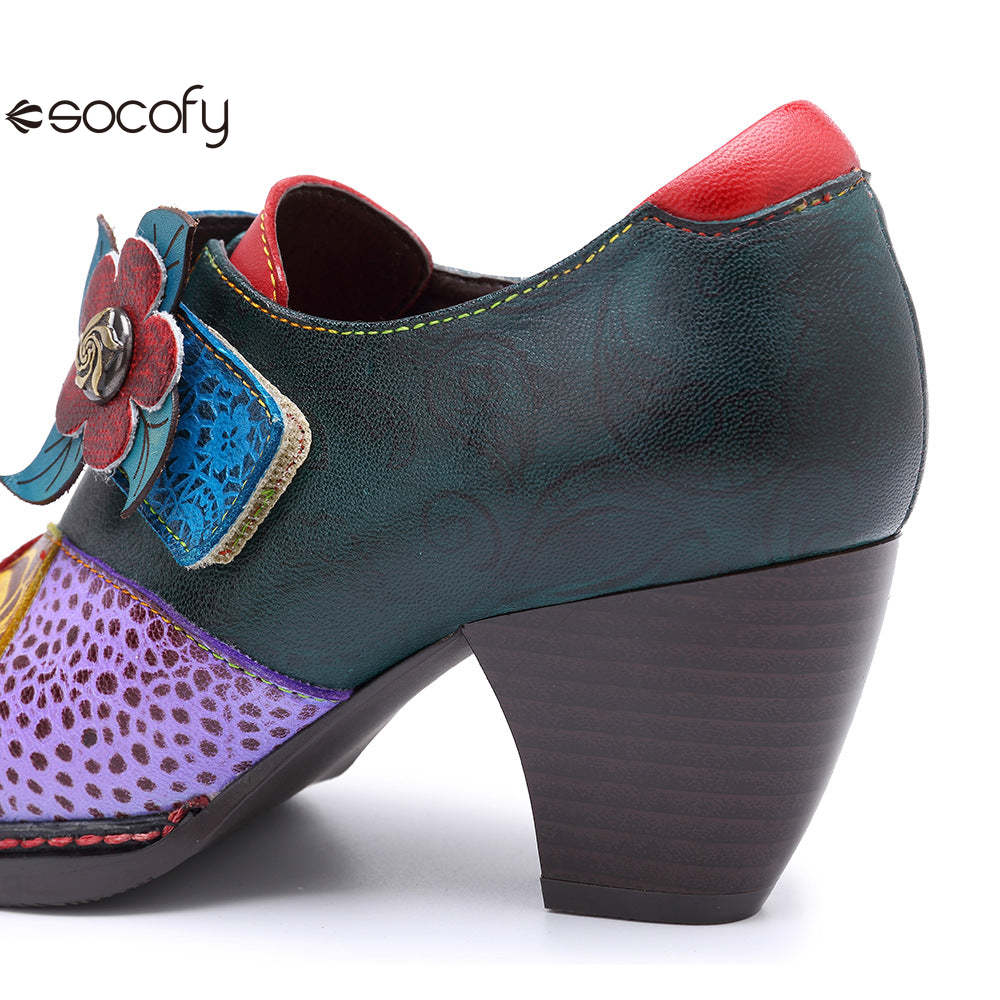 Socofy retro printing splicing ethnic style high heels women's shoes