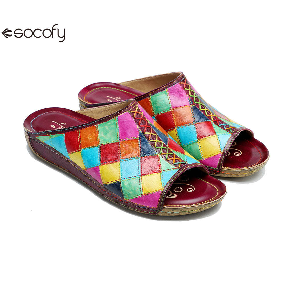 Socofy new summer style genuine leather retro plaid comfortable flat women's slippers