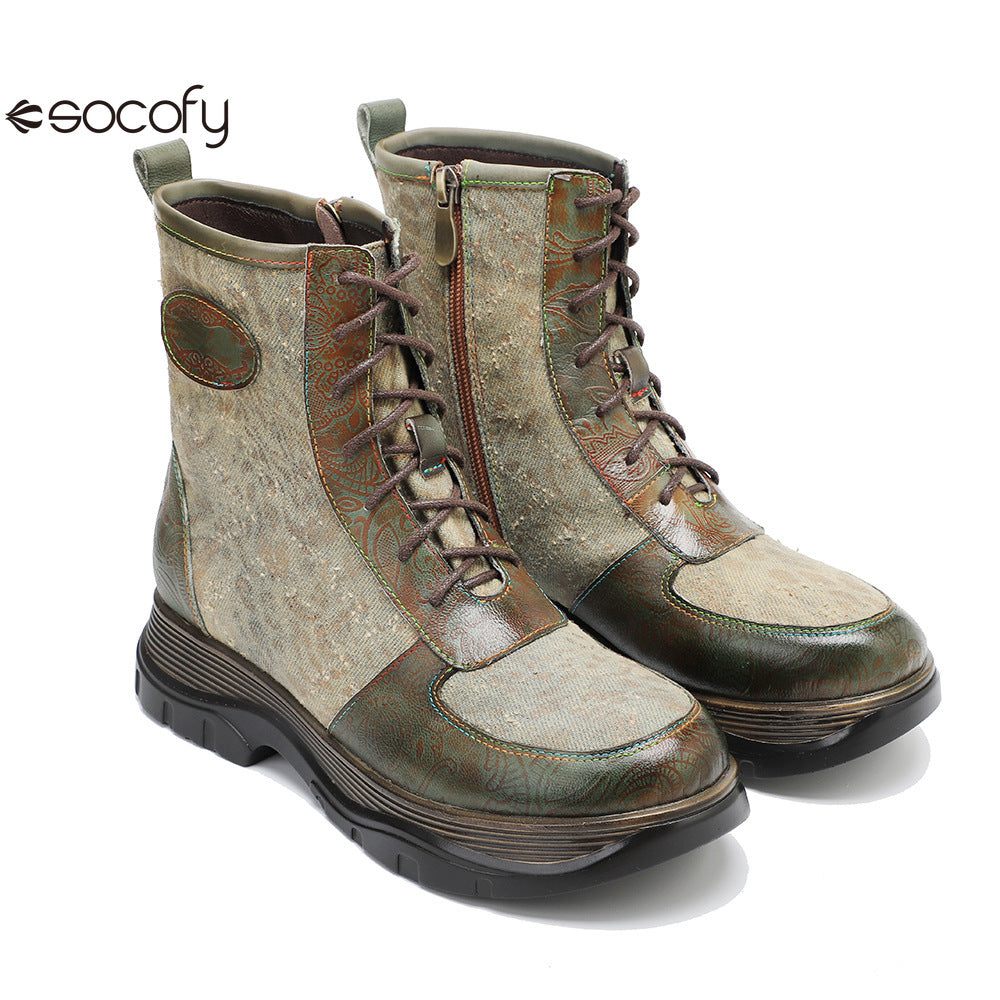 Socofy Vicconfy Genuine Leather Vintage Lace-Up Comfort Boots