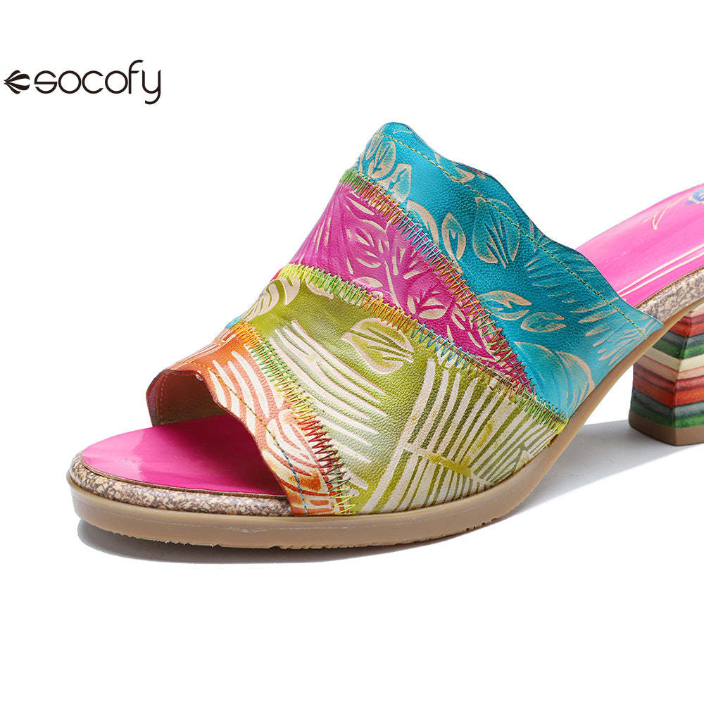 Socofy Summer Leather Vintage Colour Block High Heeled Sandals