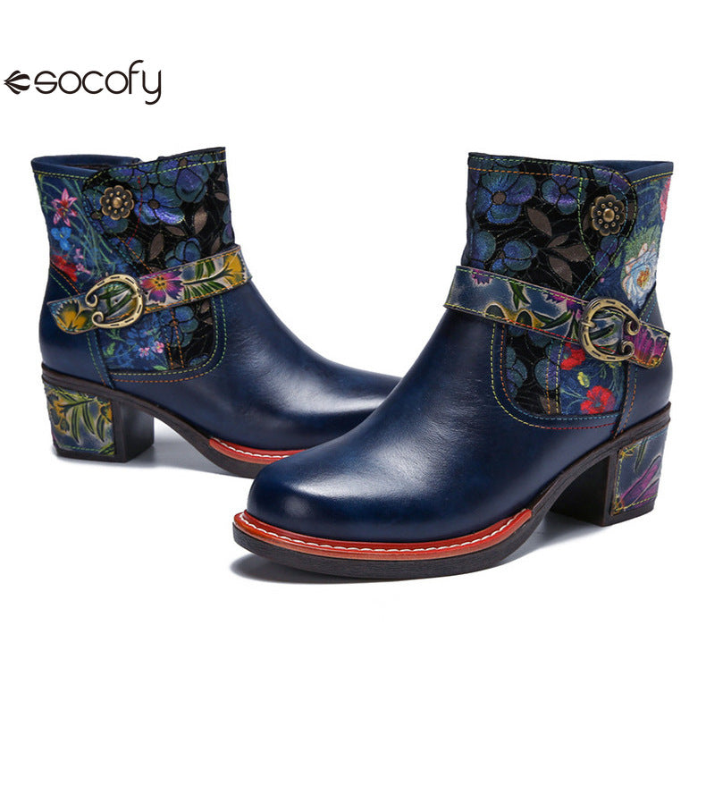 Socofy Vicconfy Genuine Leather Cubic Embossed Romantic Vintage Floral Heeled Ankle Boots