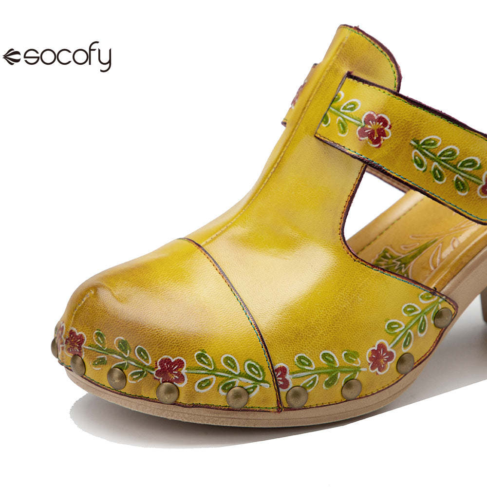 Socofy Spring and summer new spot genuine leather retro floral Baotou comfortable thick heel clogs and sandals