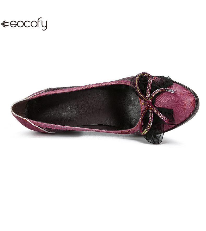 Socofy Vicconfy Genuine Leather Bow High Heels Shoes