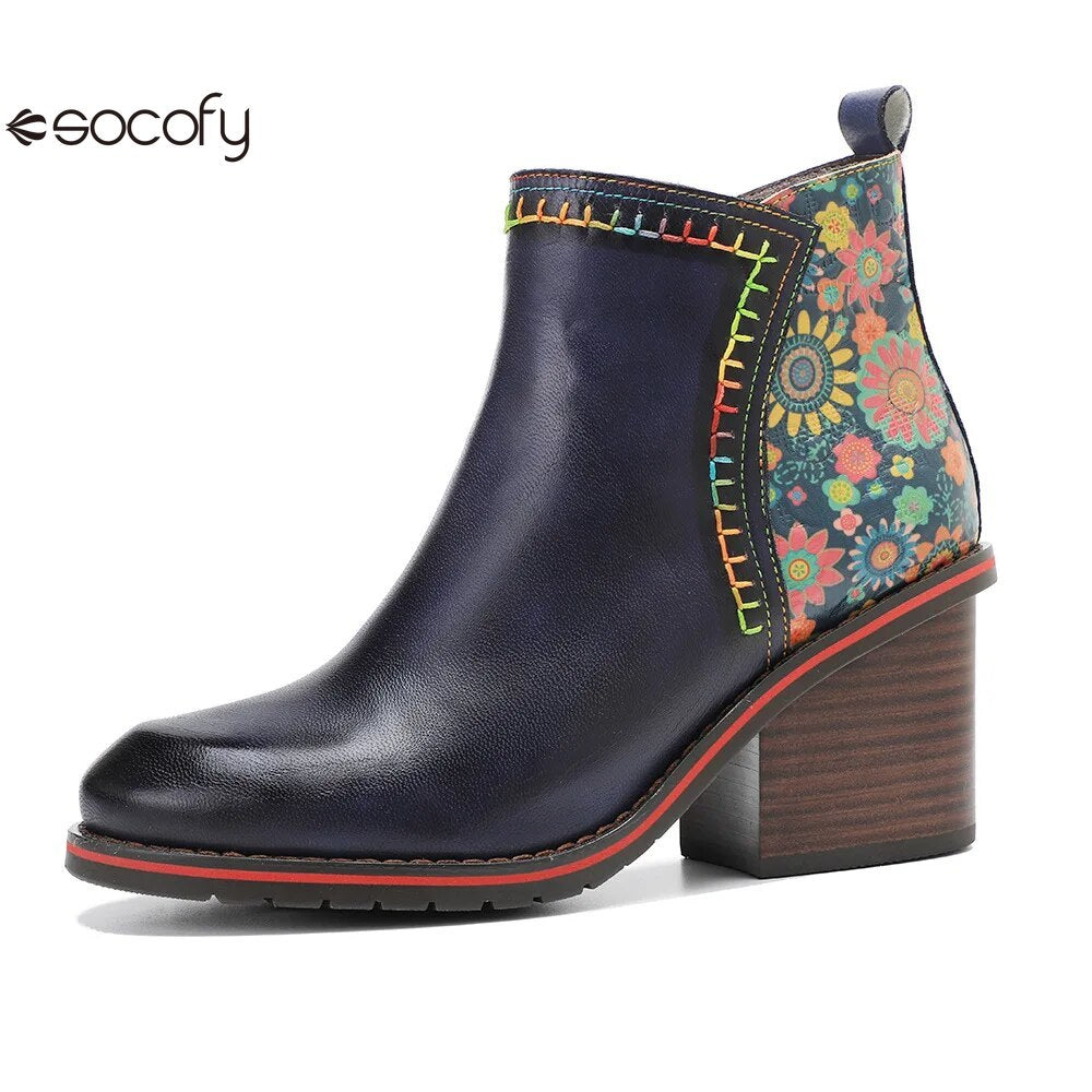 SOCOFY Genuine Leather Winter New Round Toe Patchwork Handmade Ankle Boots