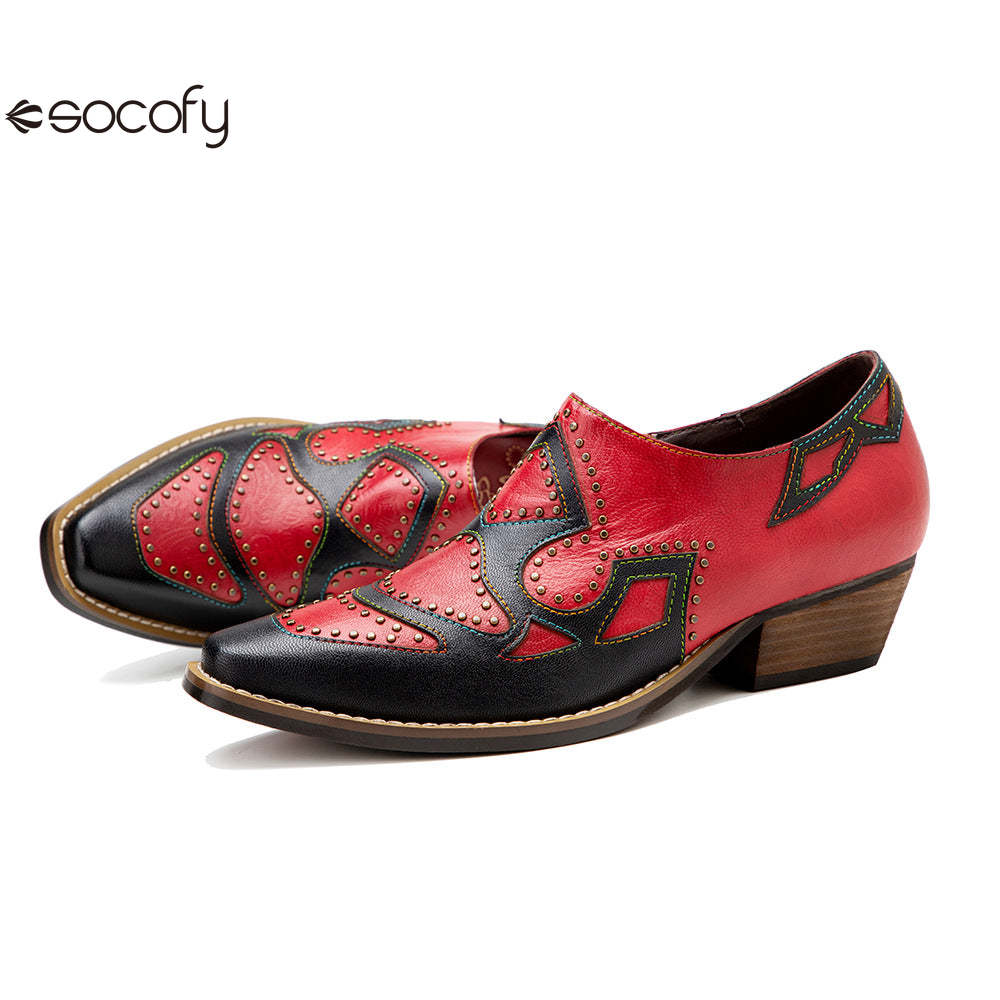 Socofy Genuine Leather Retro Round Rivet Deco Shallow Flat Shoes