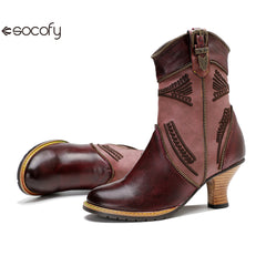 Socofy Vicconfy Leather Electric Embroidered Zipper Ankle Boots