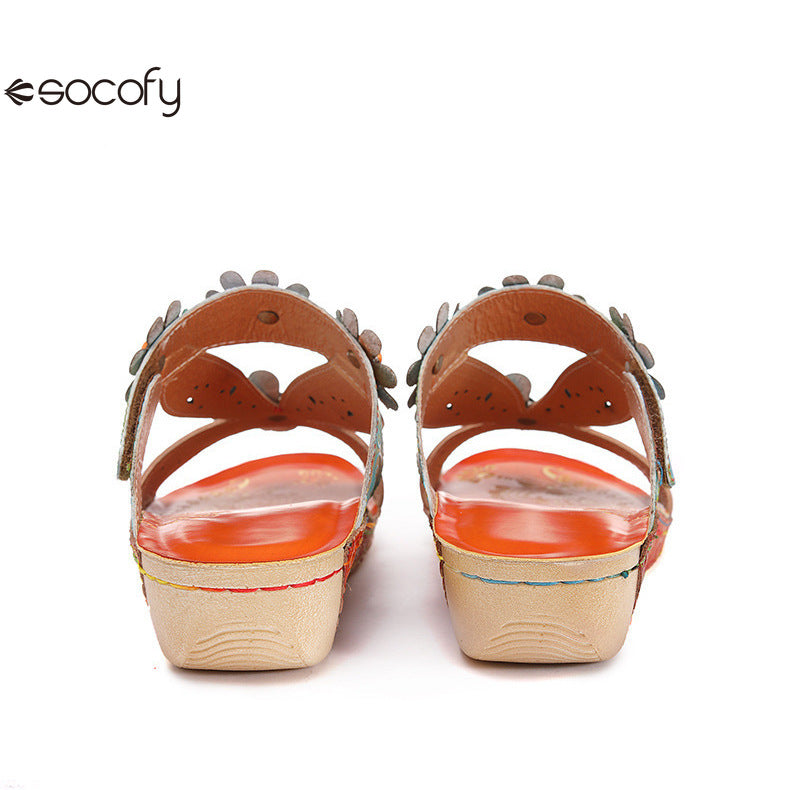 Socofy Vicconfy Loose Round Toe Handmade Cubic Flower Ethnic Flat Sandals