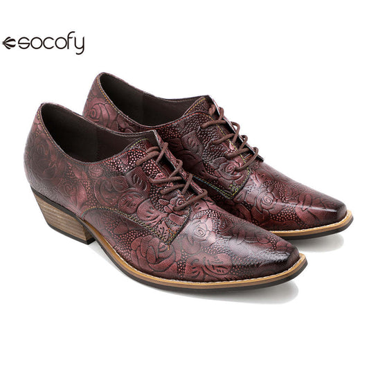 Socofy leather retro British style dark flower texture women's thick heel flat shoes 1000