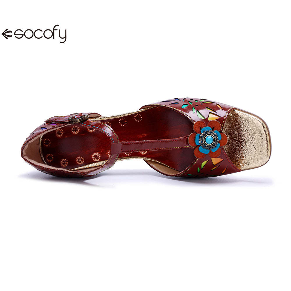 Socofy Vicconfy Women's Leather Handmade Color Rubbed Hollow Flower Square Heel High Heeled Sandals