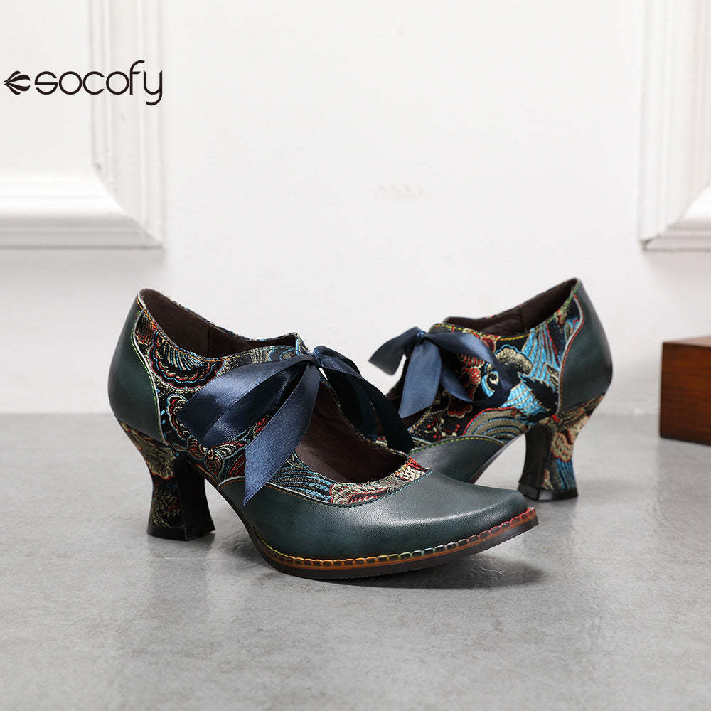 Socofy Summer flower blue ethnic style high-heeled ribbon lace-up women's shoes