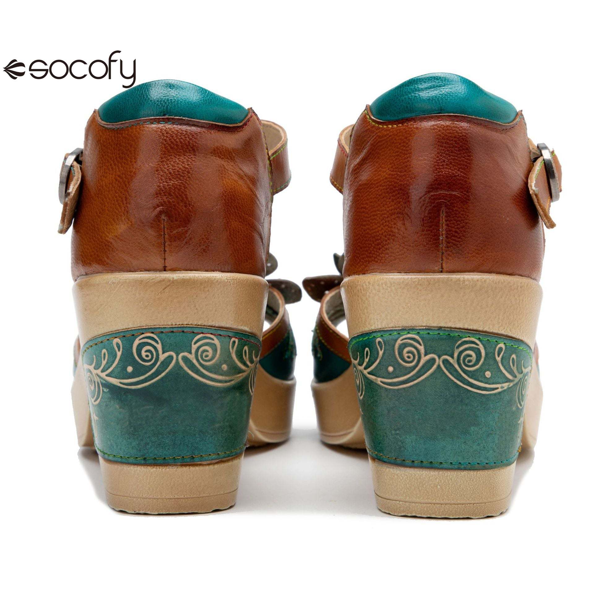 Socofy spring and summer leather retro casual three-dimensional flowers buckle strap women's sandals