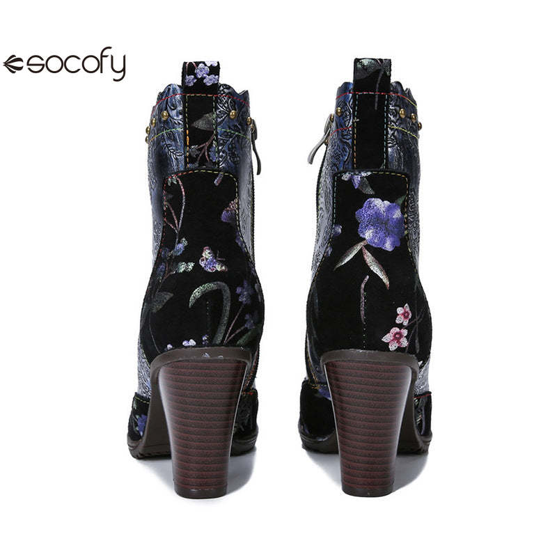 Socofy Vicconfy Vintage Genuine Leather Boots Floral Women's Boots