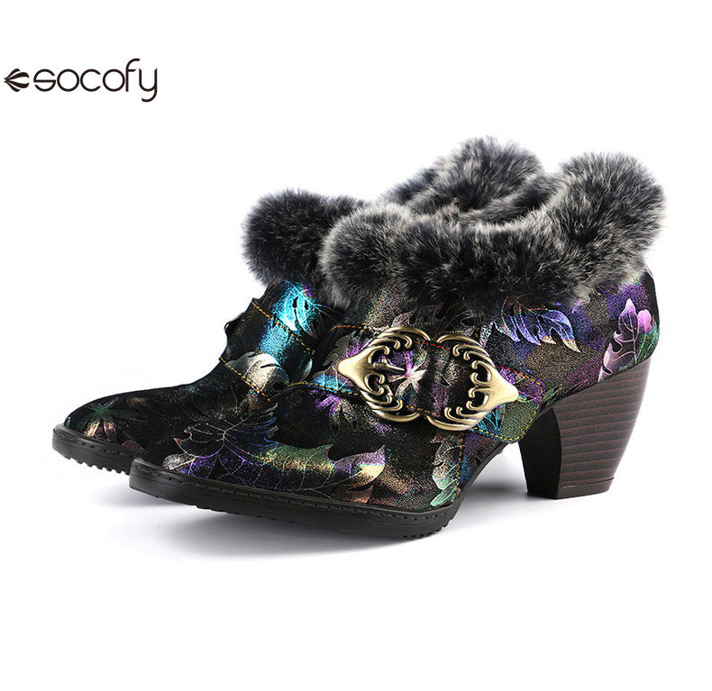 Socofy Vicconfy Genuine Leather Vintage Genuine Wool Patchwork Vintage Illusion Pumps