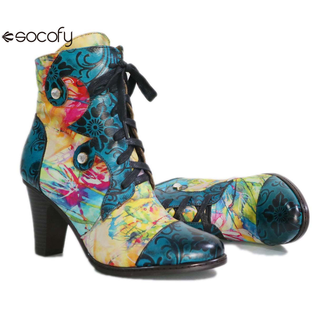 Socofy Vincconfy cowhide low-top thick-soled round-toe viscose women's boots