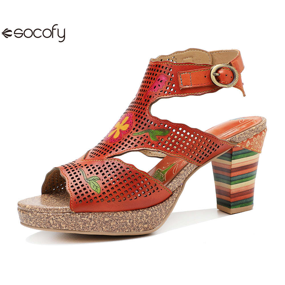 Socofy new retro genuine leather hollow color layer leather high heel sandals